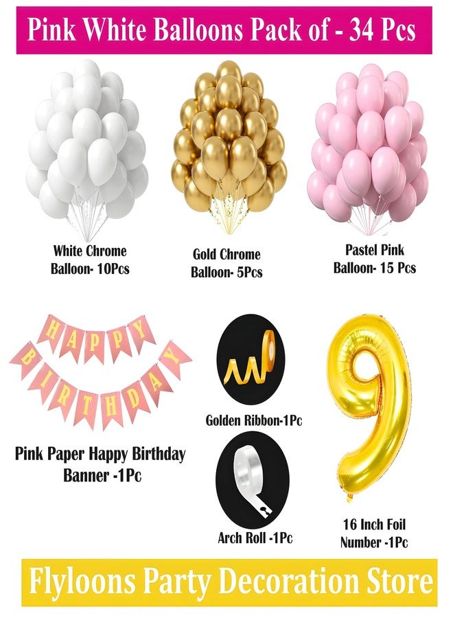 Flyloons 9th Birthday Decoration Items Pink and White Theme Combination for Girls Princes | 30 Pcs Pink White Gold Balloons | Pink Happy Birthday Paper Banner | Arch Tape - Image 2